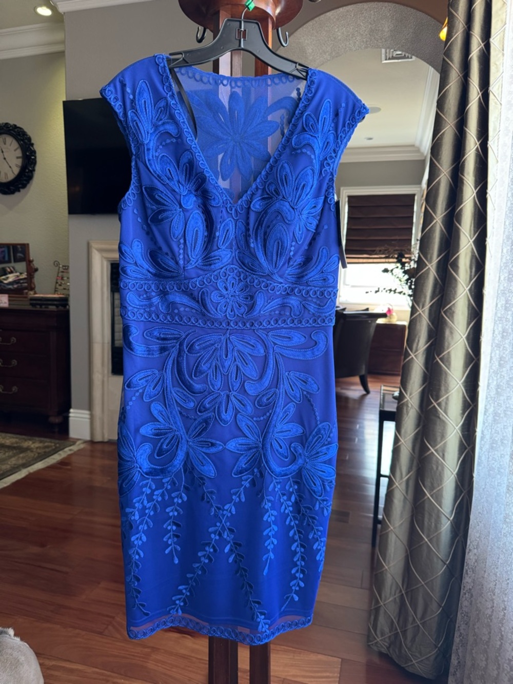 Sue Wong Cobalt Blue Embroidered V-Neck Sheath Dress